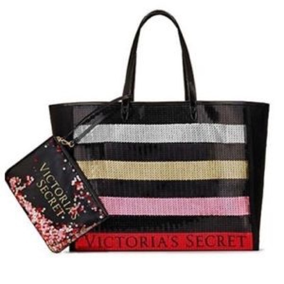 NWT Victoria's Secret 2pc Striped Sequin Tote - Picture 2 of 3